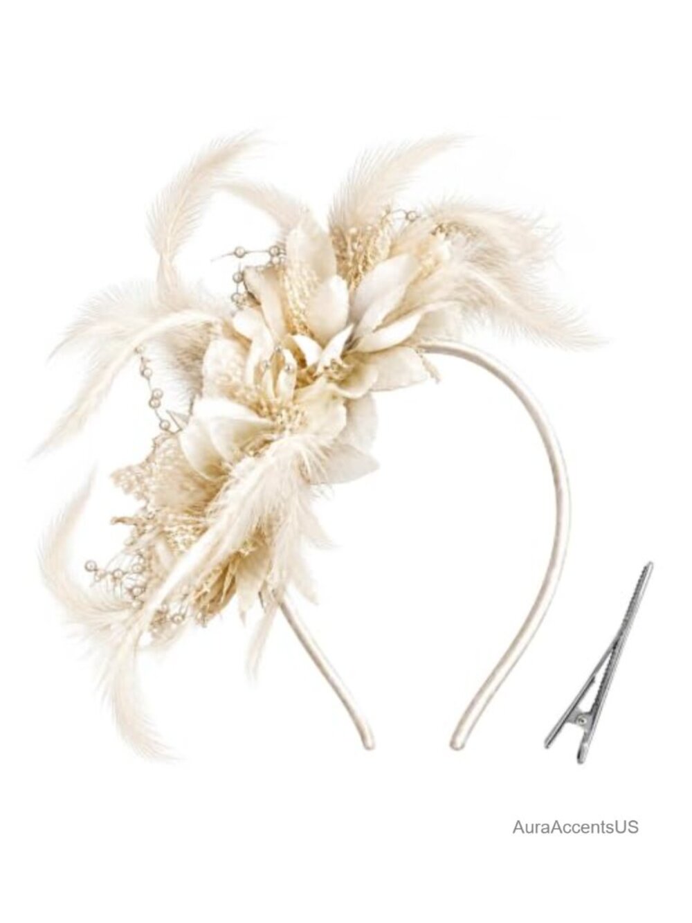 Feather Fascinator Headpiece with Veil & Faux Pearls Special Occasion